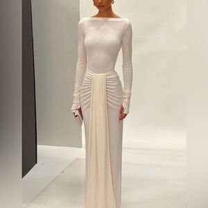 HELSA IVORY JERSEY LONG WRAP TOP AND SKIRT GOWN DRESS SET SMALL